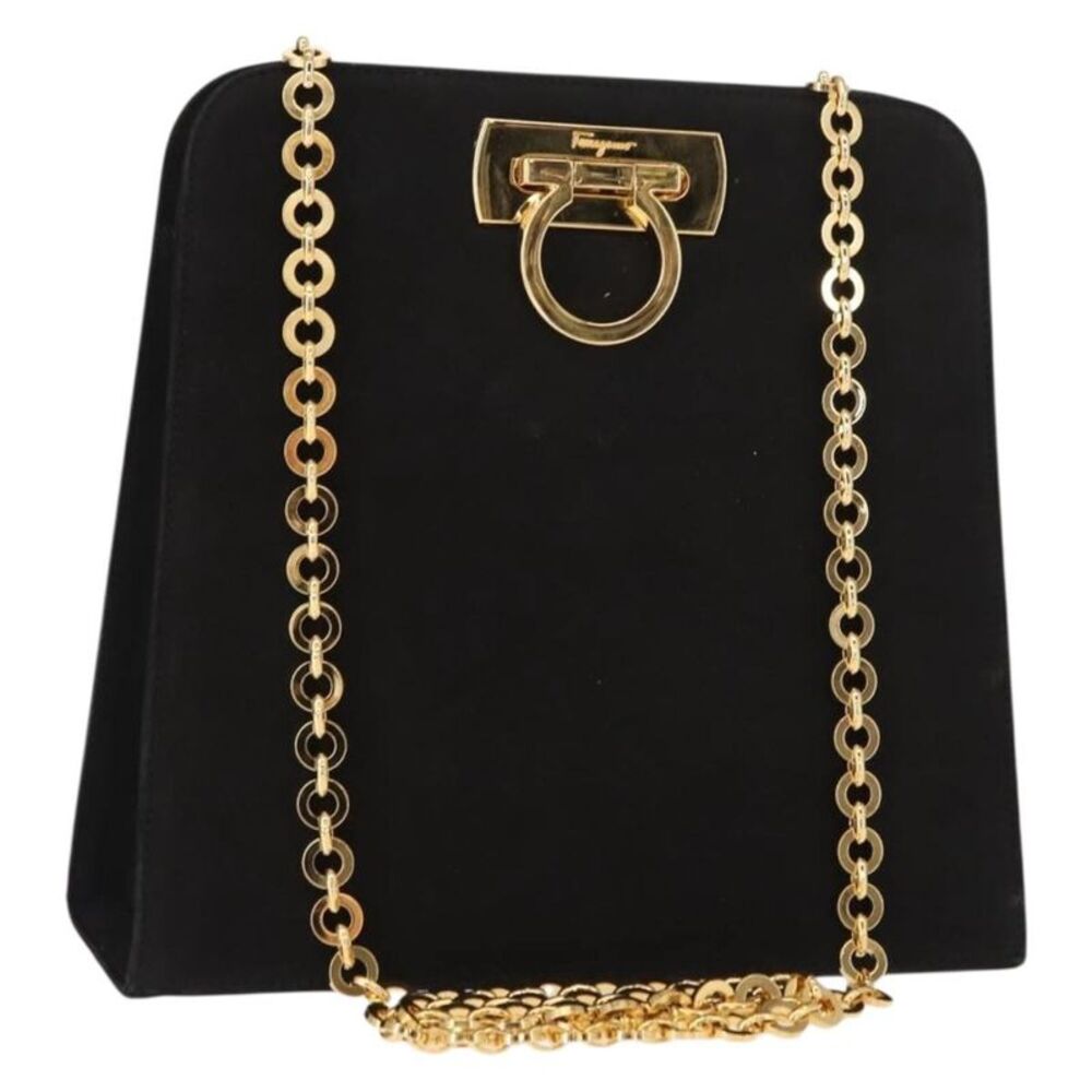 Salvatore Ferragamo Vintage Gancini Chain Suede Black Suede Shoulder Bag Bag